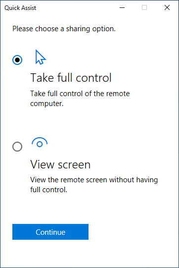 Choose to Take full control or View screen in Quick Assist