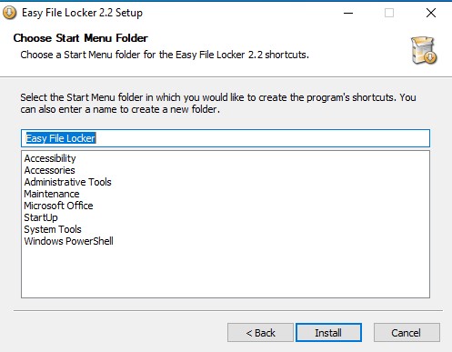 Easy File Locker choose start menu folder