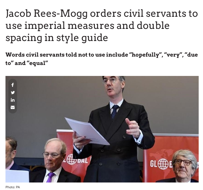 Screenshot of news article regarding Jacob Rees-Mogg ordering civil servants to use double spacing