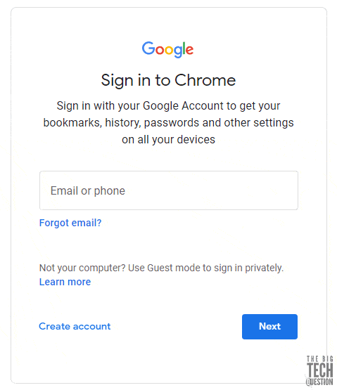 login box to sign in to Google account